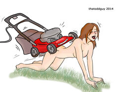 2014 all_fours appliance blush brown_hair closed_eyes doggy_style female from_behind grass human lawnmower male nude outdoors personification sex straight thatoddguy what