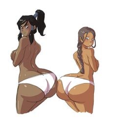 2girls arms_folded ass_cleavage avatar_legends avatar_the_last_airbender axel-rosered back_view big_ass breasts bubble_butt butt butt_crack covering_breasts dark-skinned_female dark_skin double_ass_focus double_chocolate female female_only hourglass_figure huge_ass human katara korra large_breasts multiple_females nickelodeon panties sketch the_avatar the_legend_of_korra thick_thighs topless water_tribe white_panties wide_hips