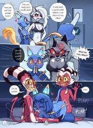 2026 absurd_res agious all_fours ambiguous_penetration anthro areola ass_up back_groove bangs bare_back bed blitzo_(helluva_boss) blue_hair bodily_fluids breasts butt clothed clothing comic cosplay crossover crossover_cosplay cum cum_drip cum_in_vagina cum_inside cum_on_butt cum_on_lips demon dialogue digital_drawing_(artwork) digital_media_(artwork) doggystyle domestic_cat double_penetration dripping duo e621 ejaculation electronics english_text esix eyelashes eyes_closed felid feline felis fellatio female female_anthro forced forced_oral from_behind_position furniture fusion gameoverse genital_fluids genitals glitch_productions group hair hanging_breasts hellaverse helluva_boss hi_res humanoid humanoid_on_anthro imp kit_bodega long_eyelashes looking_pleasured loona_(helluva_boss) machine male male/female mammal markings mascot monitor motion_lines moxxie_(helluva_boss) nipples nude obscured_penetration on_bed oral page_number patreon patreon_logo penetration penile penile_penetration penis penis_in_mouth pillow profanity robot robotic sex shaded sit_and_blow_position sitting sitting_on_bed sound_effects speech_bubble spread_legs spreading sweat tail tail_motion text three-quarter_view trio url vaginal vaginal_penetration vulva yellow_markings yellow_nipples