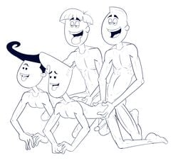 4boys all_fours anal_penetration anal_sex biff_oblong blaine chip_oblong conjoined_twins dark_hair doggy_style erect_nipples erection eyes_half_open gay group_sex hands_on_ass iyumiblue jared_klimer light_hair male male_only monochrome mouth_open multiple_boys multiple_males nude open_mouth pleasure_face tagme the_oblongs thrusting_into_ass tongue_out yaoi