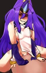 1boy1girl blazblue boy_on_bottom cowgirl_position female hades_izanami izanami long_hair male mikado_(blazblue) puppet purple_hair red_eyes