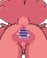 1boy akai_(ugokashitari) animated animated ass bar_censor blonde_hair censored cloaca commentary_request cum cum_in_cloaca cum_overflow female from_behind harpy harpy_(akai) monster_girl original partial_commentary pixel_art sex simple_background straight white_background