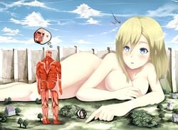 1boy 2girls attack_on_titan bertolt_hoover big_breasts black_hair blonde_hair blue_eyes breasts christa_lenz colossal_titan female giantess hews_hack historia_reiss house male nude shingeki_no_kyojin short_hair tagme titan tree wall ymir_(shingeki_no_kyojin)