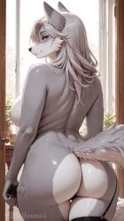 ai_generated anthro ass bed big_breasts canid canine canis female furry furry_female girl grey_fur hair looking_back pussy solo wolf wolfoona