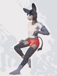 2025 3:4 5_fingers 7b7a2f absurd_res anthro asinus balls_outline biped black_hair bottomwear brown_body brown_fur bulge clothed clothing crop_top detailed_bulge digital_media_(artwork) digital_painting_(artwork) donkey equid equine erection fingers footwear fully_clothed fur genital_outline hair hi_res humanoid_hands long_ears looking_at_viewer male mammal painting_(artwork) penis_outline plantigrade red_bottomwear red_clothing red_shorts shaded shirt shorts simple_background sitting slim socks solo t-shirt tail tail_tuft topwear tuft watermark white_background white_clothing white_shirt white_t-shirt white_topwear