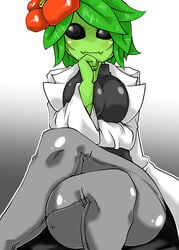 black_eyes breasts clothed clothing crossed_legs female flora_fauna floran green_hair lab_coat large_breasts sitting solo starbound tenkawa_galaxy