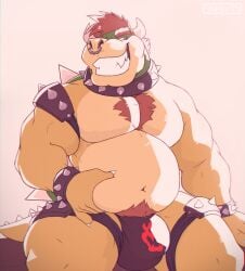 1boy 2025 anthro bara bedroom_eyes belly belly_grab belly_hair belly_squish biceps big_belly big_bulge big_muscles big_pecs body_hair bowser bowser_day bowser_logo bowser_logo_jockstrap bracelet bulge chest_hair claws clothing collar detailed_bulge eyebrows facial_piercing fat fat_belly fat_male furry furry_male furry_only grin hair hand_on_own_belly hi_res horn jewelry jockstrap koopa legband light lighting logo male male_only mario_(series) mature mature_anthro mature_male muscles muscular muscular_anthro muscular_male narrowed_eyes navel nintendo nose_piercing nose_ring overweight overweight_anthro overweight_male pecs piercing pose pubes red_hair reptile ring_piercing scalie seductive shell shoulder_pads simple_background sitting skaifox smile smirk solo spiked_bracelet spiked_collar spiked_legband spiked_shell spiked_shoulder_pads spiked_tail spiked_thighband spikes spikes_(anatomy) squish stocky tail teeth thick_arms thick_thighs thighband toothy_grin underwear white_background yaoi yellow_body