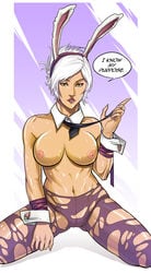 animal_ears battle_bunny_riven breasts bunny_ears english fake_animal_ears female kneeling league_of_legends navel necktie nipples pantyhose riven short_hair solo sweat the_grind_series topless torn_clothes uger white_hair wrist_cuffs yellow_eyes