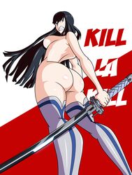 1girls adult_swim angry ass bakuzan black_hair blue_eyes boots breasts bubble_butt clenched_teeth dat_ass female grimphantom highres hourglass_figure huge_ass junketsu katana kill_la_kill kiryuuin_satsuki long_hair looking_away nude sideboob solo standing sword thigh_boots toonami very_long_hair weapon