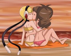 bikini elesa_(pokemon) female female_only hikariangelove hilda_(pokemon) human kissing multiple_females pokemon yuri