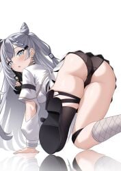 1girls ass ass_focus bent_over grey_eyes gun hololive hololive_indonesia panties raikkonen skirt solo thighs vestia_zeta virtual_youtuber weapon white_hair