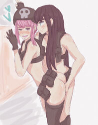 2girls against_wall ahe_gao alternate_costume aroused aroused_face ass belt beret black_gloves black_hair black_legwear blue_eyes blush blushing_profusely boots breasts female female_only fingering fingering_from_behind gloves hat imminent_female_orgasm jakuzure_nonon kill_la_kill kiryuuin_satsuki long_hair multiple_girls naughty_face navel nude nude_female pink_eyes pink_hair short_hair sidelocks skull_print small_breasts smile thigh_boots thighhighs utility_belt wink yuri