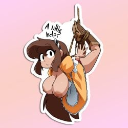 1girls apron bondage breasts_out brown_hair cow_print dress female female_only hanging_breasts hogtie inker_comics inkershike large_breasts long_hair mona_(inker_comics) nipples nude_female tied_up yellow_dress