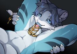 anthro balls black_background blue_body blue_eyes blue_tongue bodily_fluids chastity_cage chastity_device closed_smile cum cum_drip cum_dripping_from_penis dripping duo first_person_view foreskin genital_fluids genitals grey_body hair hi_res high-angle_view humanoid_genitalia humanoid_penis key leg_grab licking male male/male mammal mouth_closed oral partially_retracted_foreskin penile penis penis_lick raised_head retracted_foreskin saliva sex simple_background sitting slim smile sssshark_(artist) striped_body stripes tongue uncircumcised