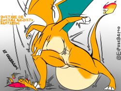 angry anthro balls big_balls big_breasts big_penis blush breasts charizard charmander closed_eyes duo elpokebarto female feral foot_crush generation_1_pokemon genitals group hi_res huge_breasts humanoid inverted_nipples larger_female male male/female nintendo nipples penis pokemon pokemon_(species) shocked size_difference spanish_text tail_amputation text vulva