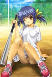 baseball baseball_bat blue_hair clannad clothing no_panties shoes sunohara_mei tagme yellow_eyes