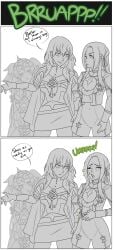 3girls annoyed_expression blush_lines burp burp_bubbles burp_fetish burping byleth_(fire_emblem) byleth_(fire_emblem)_(female) edelgard_von_hresvelg english_text fire_emblem fire_emblem:_three_houses gongaga grossed_out monochrome nintendo simple_background sothis_(fire_emblem)