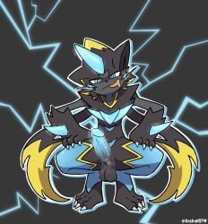2025 anchunsfw anthro aroused balls big_penis bodily_fluids claws crouching electricity generation_7_pokemon generation_9_pokemon genitals hi_res humanoid_genitalia humanoid_penis legendary_pokemon looking_at_viewer male mega_evolution mega_zeraora nintendo penis pokemon pokemon_(species) saliva saliva_string smug_face solo zeraora