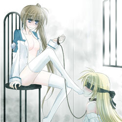 2girls blindfold blonde_hair blue_eyes blush brown_hair collar fate_testarossa feet female femdom foot_lick leash licking long_hair lowres lyrical_nanoha mahou_shoujo_lyrical_nanoha mahou_shoujo_lyrical_nanoha_strikers multiple_girls slave takamachi_nanoha yuri