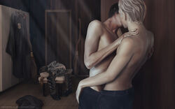 2boys ass_grab background black_hair blonde_hair broom chouette clothes_removed dark_hair dark_room detailed_background draco_malfoy dressing_room gay groping hair hand_behind_back hand_on_ass harry_james_potter harry_potter holding hugging indoors kissing light-skinned_male light_skin locker_room male multiple_boys no_visible_genitalia pants partially_clothed quidditch quidditch_changing_room robes scar shirtless short_hair side_view standing sunlight sunshine topless topless_male white_hair yaoi