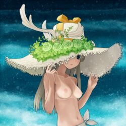 blue_eyes breasts female haruno hat nipples solo tanline topless white_hair