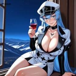 1girls ai_generated arm_support breasts dtkai esdeath_(akame_ga_kill!) female huge_breasts large_breasts military_uniform mountain sitting_on_windowsill town wine