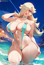 1girls 2d ai_generated beach big_breasts bikini blonde_hair female female_focus female_only hair_over_one_eye large_breasts long_hair mario_(series) night_sky princess_rosalina slingshot_swimsuit solo solo_female solo_focus super_mario_galaxy swimsuit tagme water wet_body wide_hips