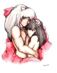 1boy 1girls 2007 animal_ears dog_ears embracing female in_bed inuyasha inuyasha_(character) kagome_higurashi light-skinned_female light-skinned_male light_skin male romantic ryesasylum27 sleeping