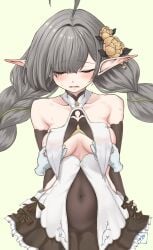 ahoge azur_lane bare_shoulders blush braid breast_curtains breasts closed_eyes covered_navel disembodied_hand evertsen_(azur_lane) female gloves grey_hair highres long_hair low_twin_braids medium_breasts nipple_rub nipple_stimulation nipple_tweak open_mouth pointy_ears ryuuzou simple_background solo textless_version twin_braids very_long_hair white_gloves yellow_background