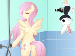 2kaze angel_bunny anthro fluttershy_(mlp) friendship_is_magic my_little_pony shower spy_cam straight_hair