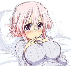 blush breasts female female_only glasses human impossible_clothes impossible_sweater large_breasts lucky_star lying miyuki_takara on_back pillow pink_hair purple_eyes ribbed_sweater sketch solo sweater take_(shokumu-taiman)