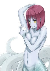 arm_up blue_skin breast_press breasts lamia monster_girl navel nekomasu nude original red_hair scales short_hair yellow_eyes