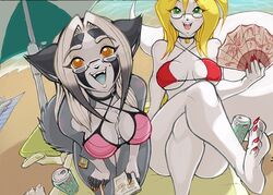 anthro aroused barefoot beach blonde_hair breasts cat_girl feet feline furry gray_hair green_eyes lost_archive pink_bikini red_bikini toenail_polish wolf_girl