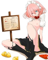 knife maid sign smile solo takagi_(tansuke) tansuke text torn_clothing translation_request wink