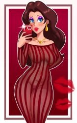 1girls areolae_visible_through_clothing artist_name bare_shoulders blue_eyes bodysuit brown_hair curvy earrings form_fitting kiss_mark light-skinned_female light_skin lipstick lipstick_mark lipstick_stain mario_(series) necklace nintendo pauline purple_eyeshadow red_kiss_mark red_lips red_lipstick red_lipstick_mark see-through selfie tight_clothing wiluma