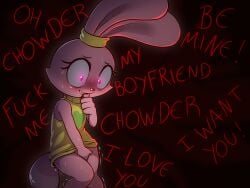 absurd_res accessory anthro bite blood blush bodily_fluids bottomless bottomless_female cartoon_network chowder_(series) clothed clothing creepy e254e female finger_fuck fingering fluffy fluffy_tail fur glowing glowing_eyes hair_accessory hairband hi_res lagomorph leporid mammal masturbation panini_(chowder) pink_body pink_fur pussy rabbit self-harm self_bite shaking sleeveless_shirt solo standing_masturbation sweat tail trembling vaginal_masturbation vaginal_penetration yandere