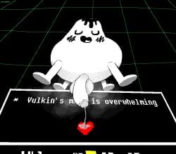 1boy balls big_penis blush bodily_fluids closed_eyes dialogue_box digital_media_(artwork) dithering english_text foreskin gameplay_mechanics genital_fluids genitals geometric_background glans grid_background gui half-erect happy health_bar heart_symbol hi_res humanoid_genitalia humanoid_penis leaking_precum low-angle_view male male_only musk musk_clouds musky_penis narration open_mouth open_smile pattern_background penis pincoosh precum precum_string quadruped signature simple_background smile solo text tongue uncircumcised undertale undertale_(series) volcano vulkin waddling_head