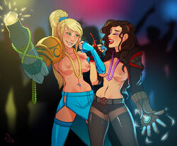 2girls alcohol arm_cannon asami_sato avatar_the_last_airbender basedesire beads blonde_hair blue_legwear blush clenched_teeth clothing crossover electricity eyeshadow female flashing green_eyes hairclip human long_hair makeup mardi_gras medium_breasts metroid navel navel_piercing nintendo nipples open_clothes open_mouth ponytail samus_aran shorts skirt smile stockings the_legend_of_korra thighhighs tied_hair