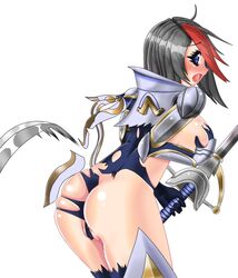 ass bent_over black_hair blue_eyes blush breasts covering covering_breasts female fiora_laurent full-face_blush league_of_legends looking_back open_mouth red_hair shia-neko-chan short_hair simple_background solo standing sword tears torn_clothes two_tone_hair weapon