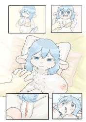 absurd_res bed bikini blue_eyes blue_hair body_hair bovid breasts caprine chest_hair clothing female furniture ganghandog genitals hair hand_on_breast hi_res human male male/female mammal penis pussy sheep swimwear two-piece_swimsuit vulva white_body