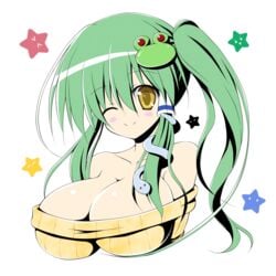 alternate_hairstyle bare_shoulders breasts bust female frog_hair_ornament green_hair hair_ornament hair_tubes large_breasts long_hair looking_at_viewer osashin_(osada) ribbed_sweater sanae_kochiya side_ponytail smile snake_hair_ornament solo star sweater touhou wink yellow_eyes