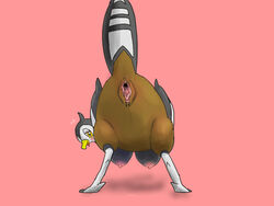 avian back_view barefoot female female_only feral looking_back nude pink_background pokemon pussy raised_tail simple_background solo tail unfezant