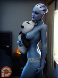 1girls 3d alien alien_girl asari asarimaniac blue_skin breasts female liara_t'soni lingerie mass_effect panties scales smile solo teddy_bear watermark