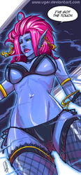 armlet black_bra black_panties blue_skin bra breasts choker ear_piercing earrings english evelynn female fishnets forehead_mark league_of_legends long_hair looking_down navel panties parted_lips pink_hair pointy_ears side-tie_panties slit_pupils solo thighhighs uger underwear yellow_eyes