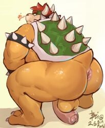 1boy 2025 anthro anus armband ass backsack balls ballsack bara big_balls big_butt big_muscles big_penis bin_(artist) bowser bowser_day bracelet breath_powers claws collar crouching elemental_manipulation eyebrows fire fire_breathing fire_manipulation flaccid foreskin frown furry furry_male furry_only genitals glans hair hi_res horn humanoid_genitalia humanoid_penis jewelry kemono koopa looking_back male male_only mario_(series) muscles muscular muscular_anthro muscular_male narrowed_eyes nintendo non-mammal_balls nude penis penis_backwards plantigrade presenting presenting_hindquarters rear_view reptile scalie shadow shell signature simple_background solo spiked_armband spiked_bracelet spiked_collar spiked_shell spikes spikes_(anatomy) thick_arms thick_thighs uncircumcised unretracted_foreskin urethra white_background yaoi