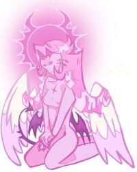 angel angel_wings bonespicule closed_eyes cookie_run cookie_run_kingdom demon demon_girl demon_tail eternal_sugar_cookie female female_focus female_only halo kneeling non-human pink_body pink_hair pink_nipples pink_skin religious_themes seated self_upload slim slim_girl slim_waist solo solo_female solo_focus tail thin thin_female thin_waist transparent wings