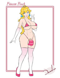 1futa balls balls_in_panties big_breasts bikini blonde_hair blue_eyes bra breasts bulge character_name cleavage cock_ring crown dazol dickgirl earrings elbow_gloves full_body futa_only futanari gloves high_heels intersex large_breasts long_hair mario_(series) nintendo panties penis penis_in_panties pink_bikini princess_peach shoes simple_background solo standing swimsuit testicles thighhighs v