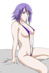 bikini blue_eyes erect_nipples female nail_polish navel nipples nipples_visible_through_bikini nude_filter_request pose posing purple_hair rosario+vampire shirayuki_mizore sling_bikini sling_swimsuit solo trueshinobi01