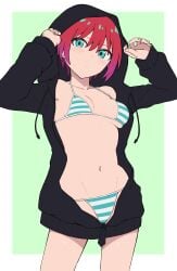 absurdres amate_yuzuriha aqua_bikini aqua_eyes bikini black_hoodie blush border breasts closed_mouth female gundam gundam_gquuuuuux hair_between_eyes halterneck highres hood hoodie long_sleeves looking_at_viewer navel no_pants open_clothes open_hoodie red_hair short_hair small_breasts solo stomach striped_bikini striped_clothes swimsuit temari_rin unzipped white_border zipper_pull_tab