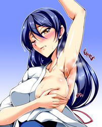 armpits blue_hair blush breasts covering covering_breasts cum cum_on_body cum_on_upper_body female female_only human kanten large_breasts love_live! love_live!_school_idol_project solo sonoda_umi yellow_eyes